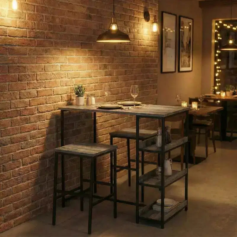 Set da Tavolo da Cucina da 3 Pezzi con Scaffali Contenitori e 2 Sgabelli da Bar - Tavolo da Pranzo in Ferro e Legno per Piccoli Spazi, Appartamenti
