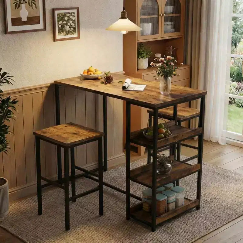 Set da Tavolo da Cucina da 3 Pezzi con Scaffali Contenitori e 2 Sgabelli da Bar - Tavolo da Pranzo in Ferro e Legno per Piccoli Spazi, Appartamenti