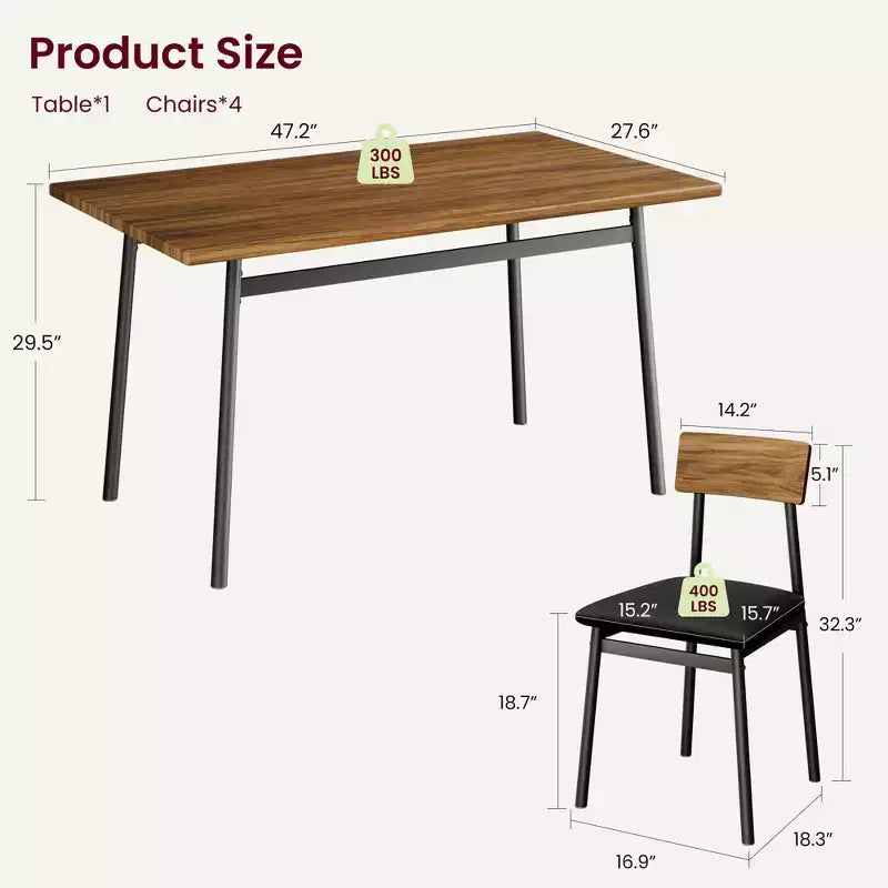 Set da pranzo di 5 pezzi in legno per 4 persone, tavolo con bordi lisci e 4 sedie imbottite, set da pranzo compatto per cucina per appartamenti e piccoli spazi