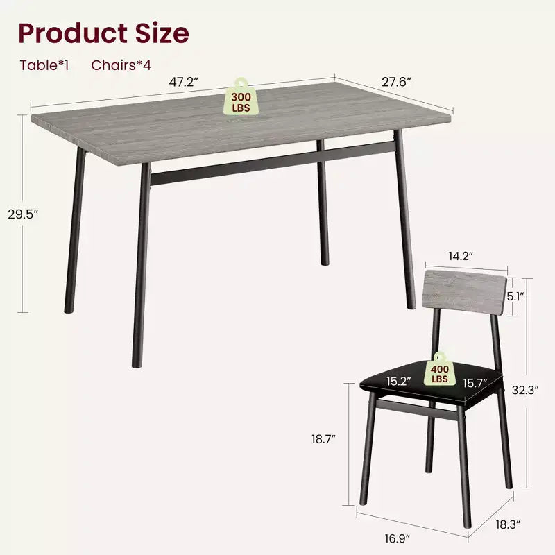 Set da pranzo di 5 pezzi in legno per 4 persone, tavolo con bordi lisci e 4 sedie imbottite, set da pranzo compatto per cucina per appartamenti e piccoli spazi