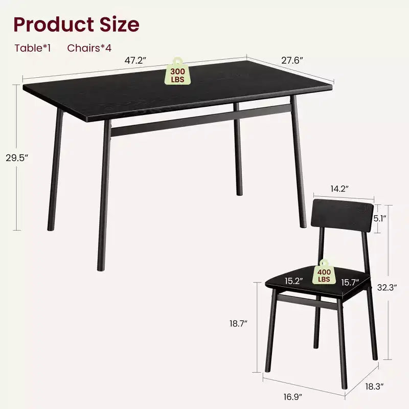 Set da pranzo di 5 pezzi in legno per 4 persone, tavolo con bordi lisci e 4 sedie imbottite, set da pranzo compatto per cucina per appartamenti e piccoli spazi