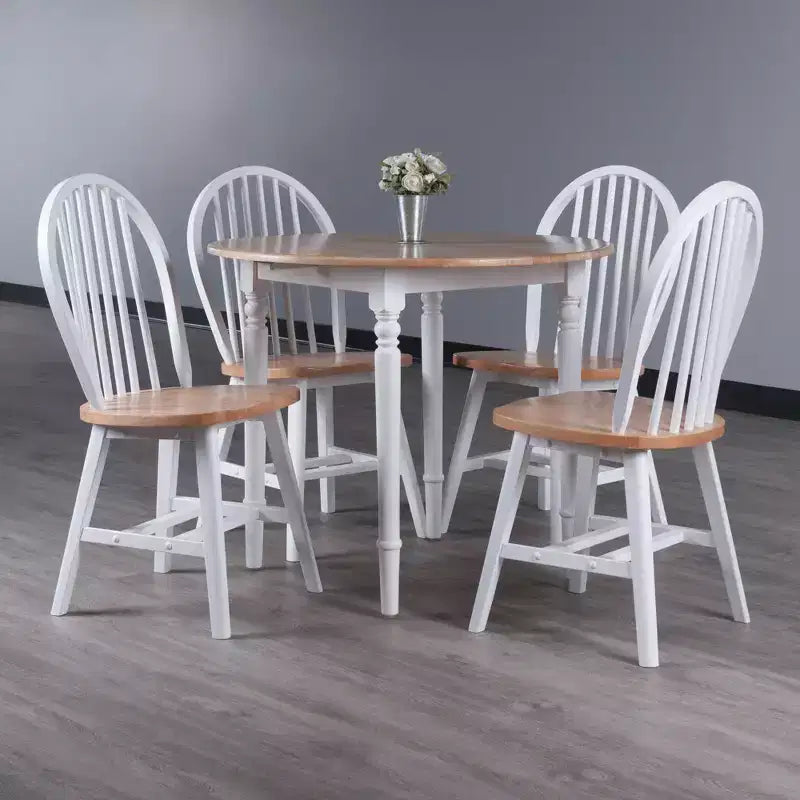 Set tavolo da pranzo Sorella 5 pezzi Naturale/Bianco - Tavolo rotondo con ante a ribalta, Legno massello, 4 sedie Windsor