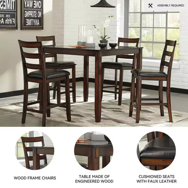 Set tavolo da pranzo Coviar ad altezza bancone marrone - 5 pezzi, sedie in similpelle, struttura in legno