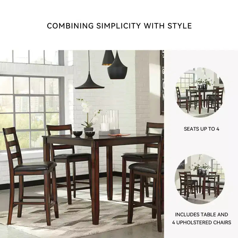 Set tavolo da pranzo Coviar ad altezza bancone marrone - 5 pezzi, sedie in similpelle, struttura in legno