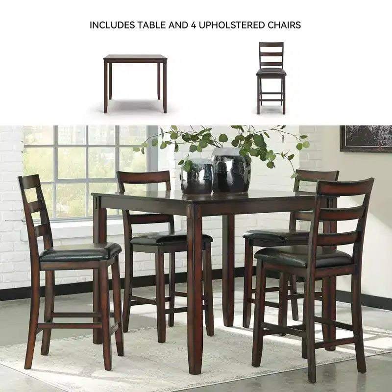 Set tavolo da pranzo Coviar ad altezza bancone marrone - 5 pezzi, sedie in similpelle, struttura in legno