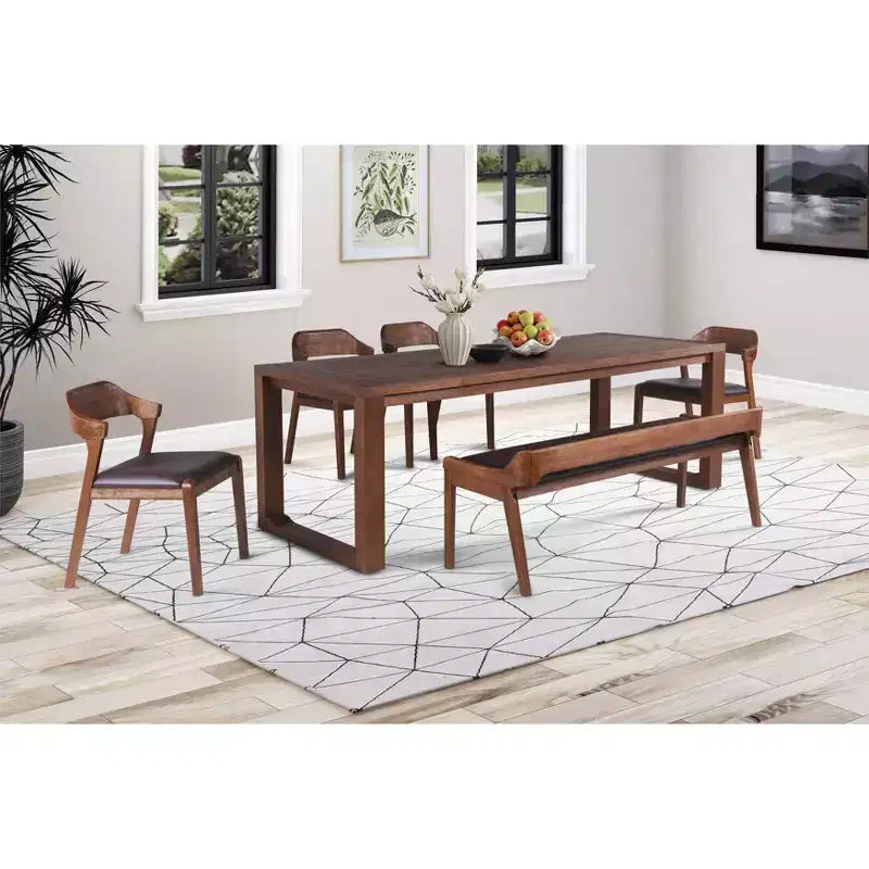 Set da 6 pezzi tavolo da pranzo allungabile Rasmus Castagno - Legno di acacia, sedie in similpelle, panca inclusa