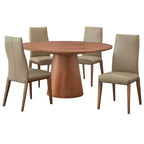 Buylateral Nelda 5pc 59" Modern Round Dining Set Driftwood Table with Taupe Leather Dining Chairs