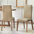 Set da pranzo moderno Nelda 5 pezzi 59" con tavolo rotondo color legno chiaro e sedie da pranzo in pelle color tortora