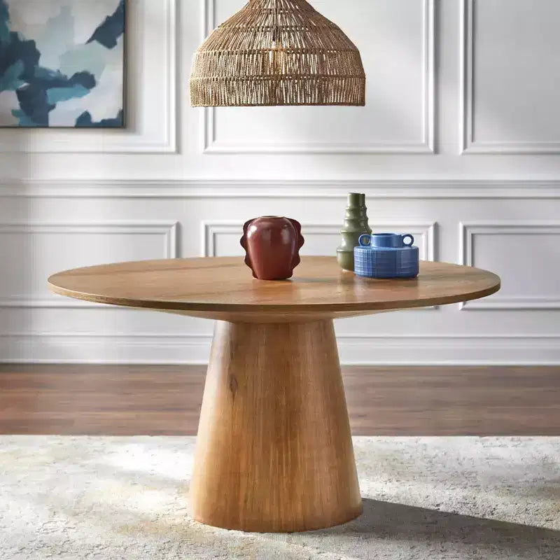 Set da pranzo moderno Nelda 5 pezzi 59" con tavolo rotondo color legno chiaro e sedie da pranzo in pelle color tortora