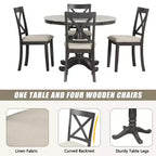 Set da pranzo 5 pezzi con tavolo in legno massello e 4 sedie, grigio