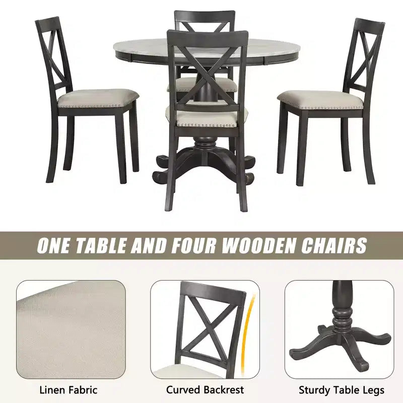 Set da pranzo 5 pezzi con tavolo in legno massello e 4 sedie, grigio