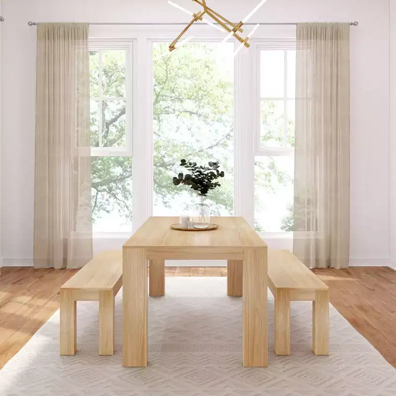 Set tavolo da pranzo moderno in legno massello con 2 panche per 6 persone