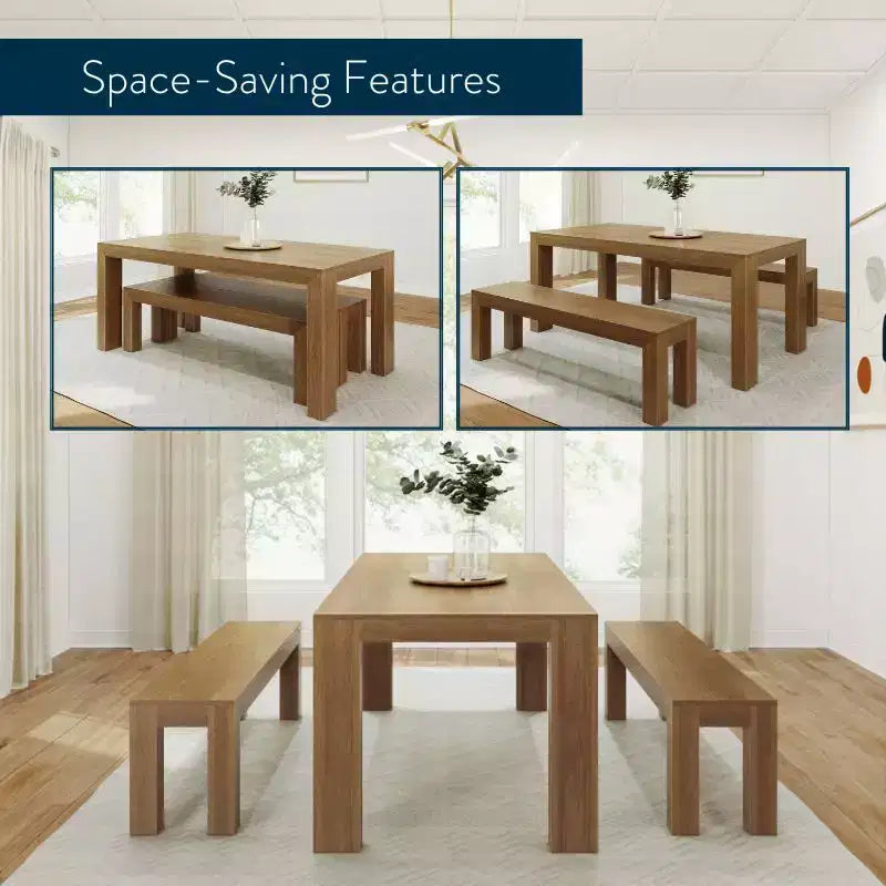 Set tavolo da pranzo moderno in legno massello con 2 panche per 6 persone