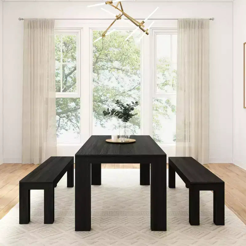 Set tavolo da pranzo moderno in legno massello con 2 panche per 6 persone