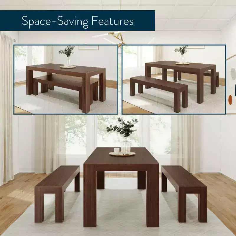Set tavolo da pranzo moderno in legno massello con 2 panche per 6 persone