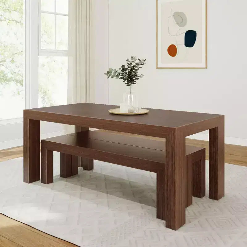 Set tavolo da pranzo moderno in legno massello con 2 panche per 6 persone