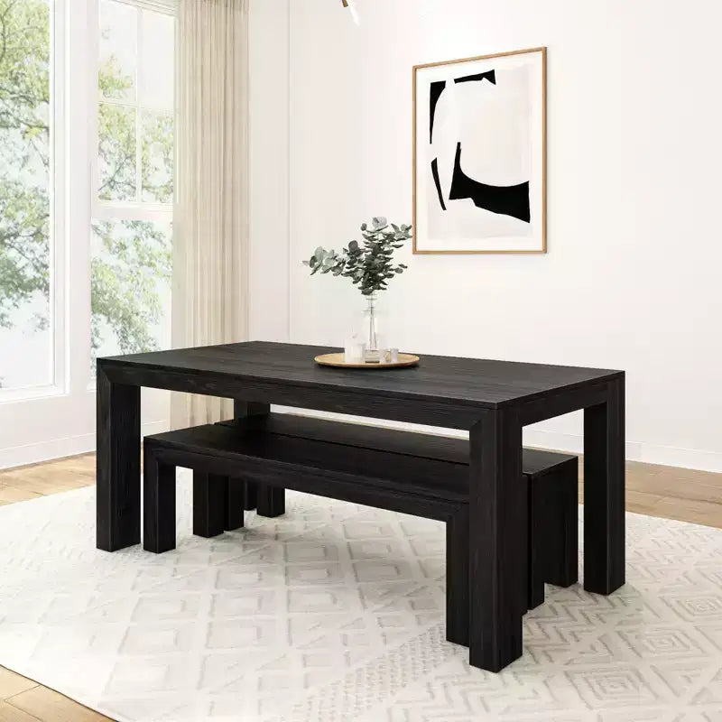 Set tavolo da pranzo moderno in legno massello con 2 panche per 6 persone