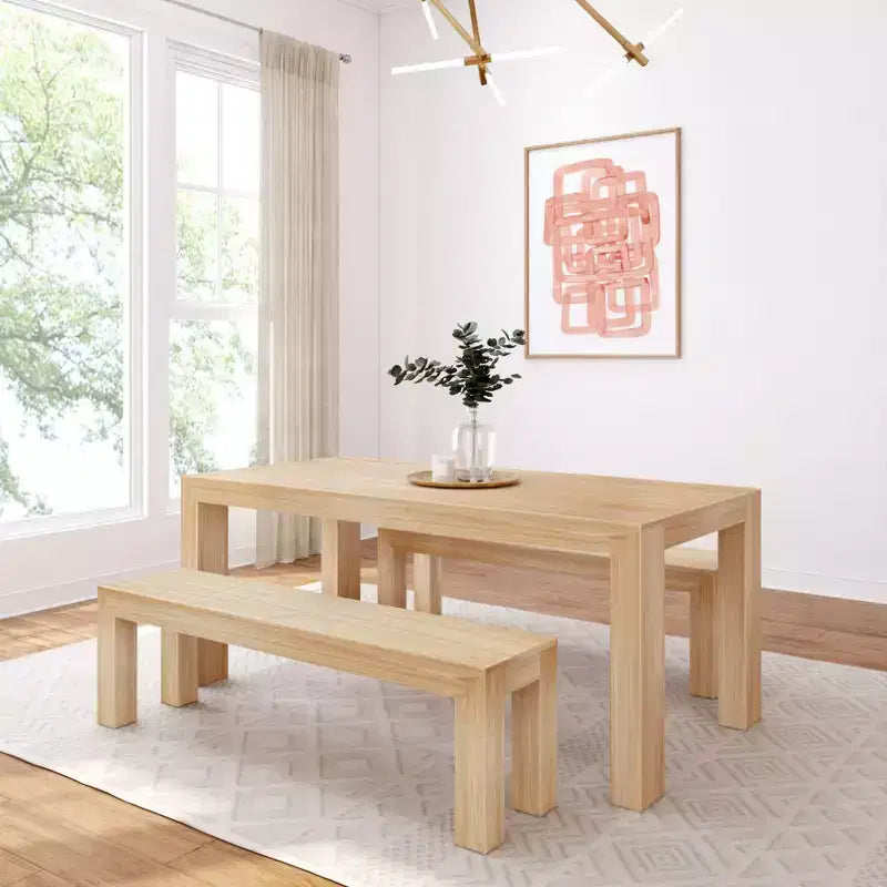 Set tavolo da pranzo moderno in legno massello con 2 panche per 6 persone