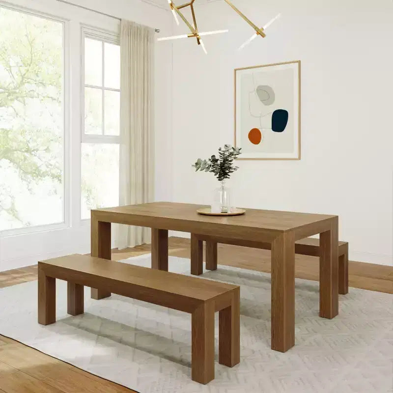 Set tavolo da pranzo moderno in legno massello con 2 panche per 6 persone