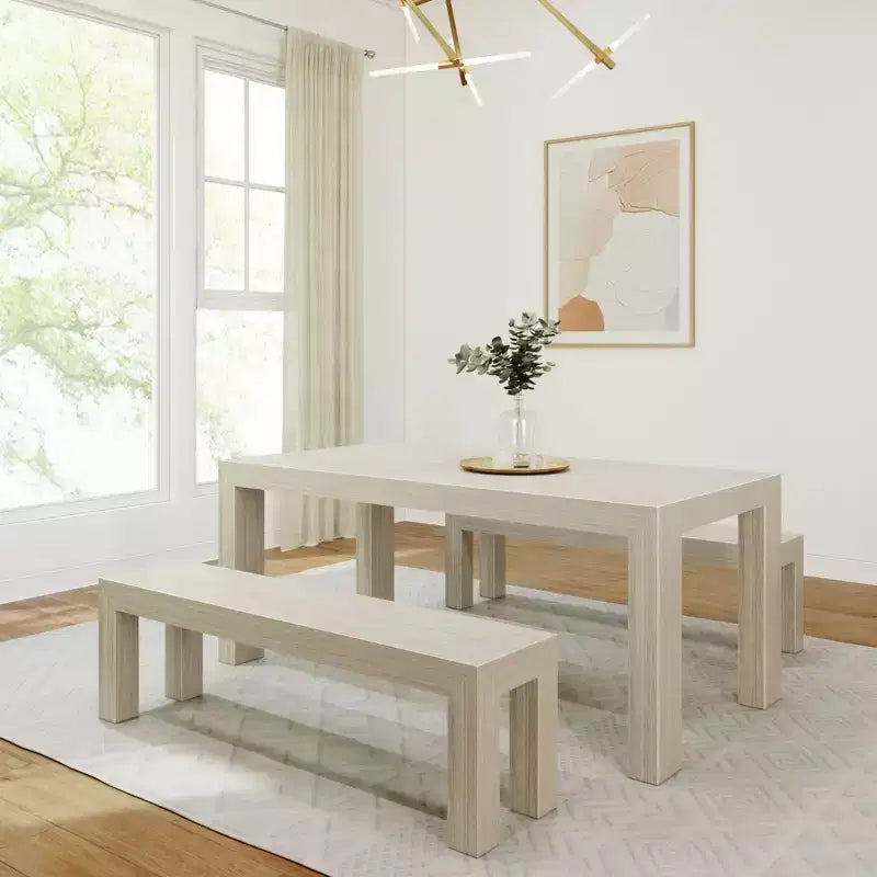 Set tavolo da pranzo moderno in legno massello con 2 panche per 6 persone