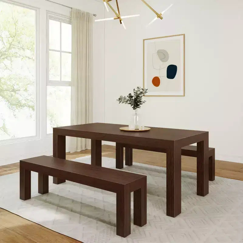 Set tavolo da pranzo moderno in legno massello con 2 panche per 6 persone