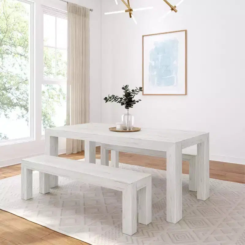 Set tavolo da pranzo moderno in legno massello con 2 panche per 6 persone